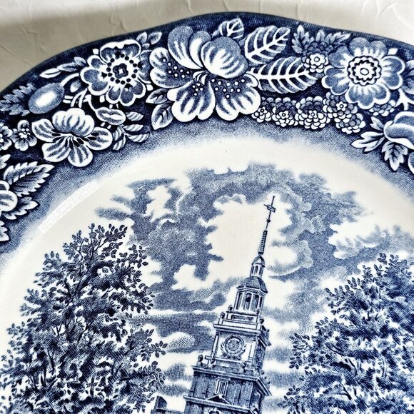 3 Liberty Blue Independence Hall Dinner Plates 10" Staffordshire England Ironsto - Picture 8 of 16